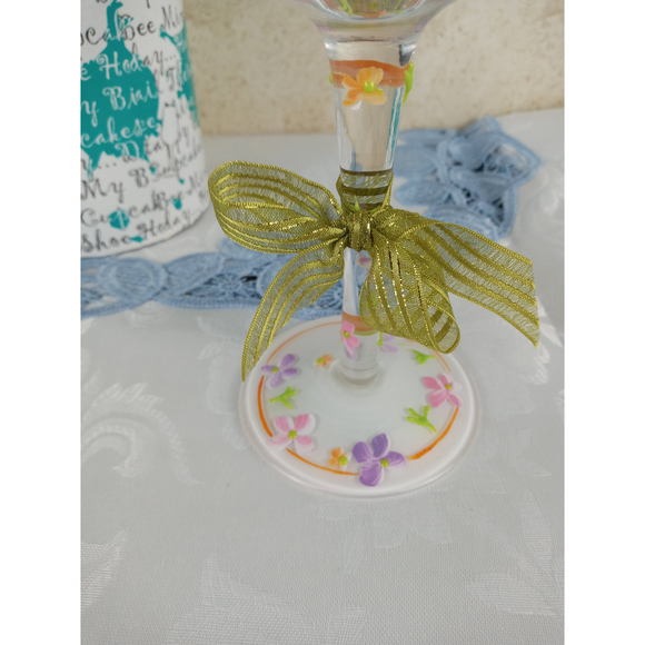 Delish Hand Painted Wine Glass My BFF with Pink Orange Purple Flowers 9" - Picture 3 of 6